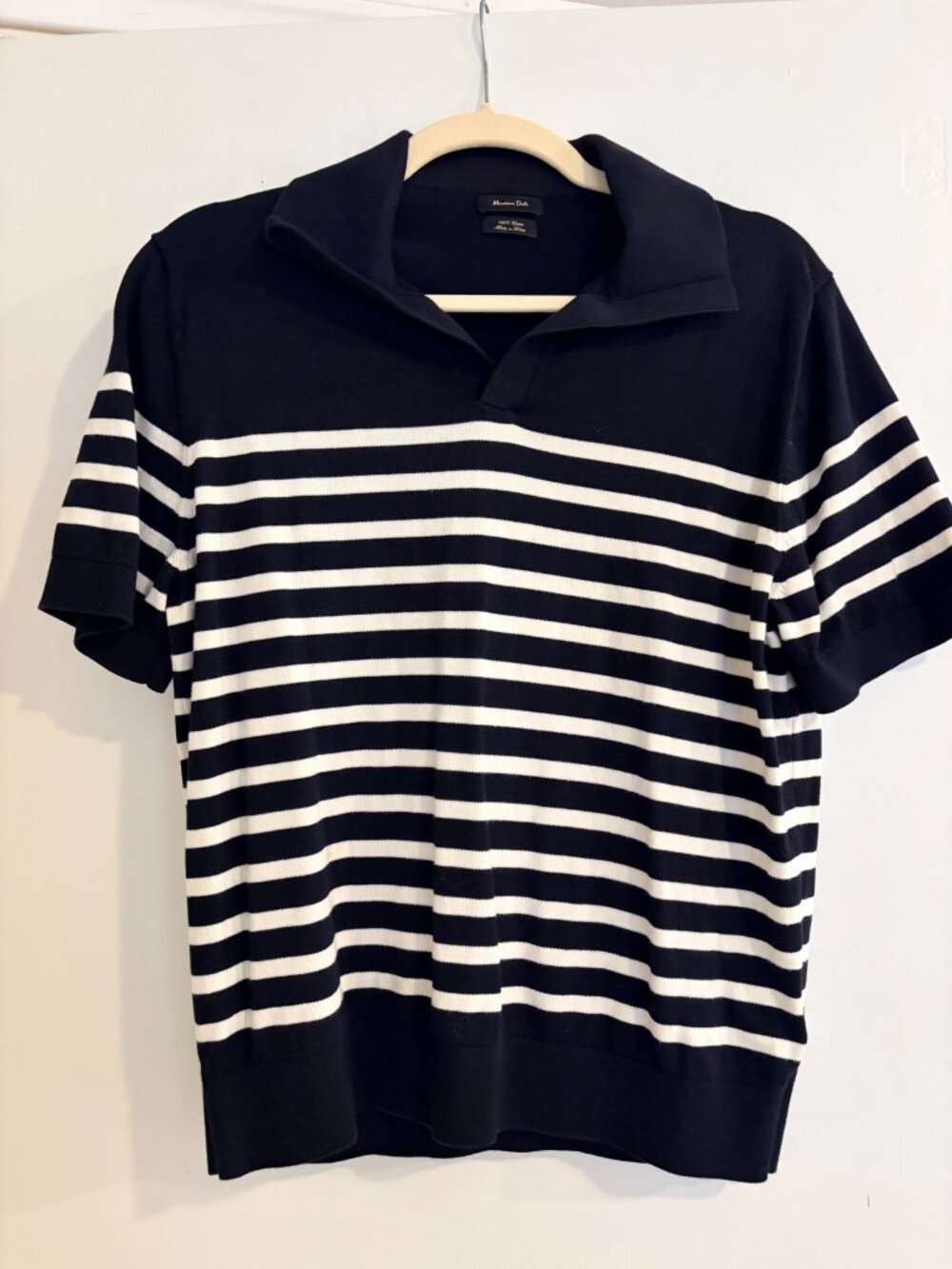 Massimo Dutti Navy & Cream Striped Cotton Knit Polo Sweater Medium